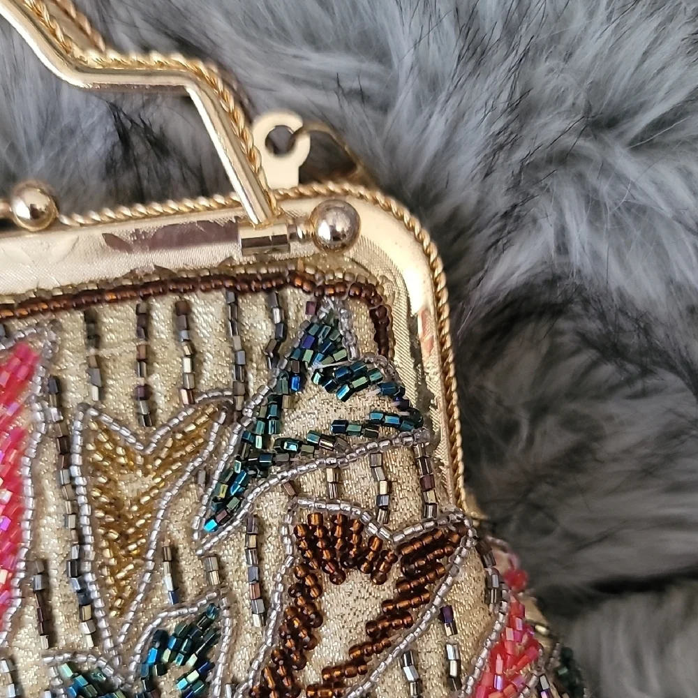Gold and Multicolor Beaded  Women's Clutch With Crossbody Chain